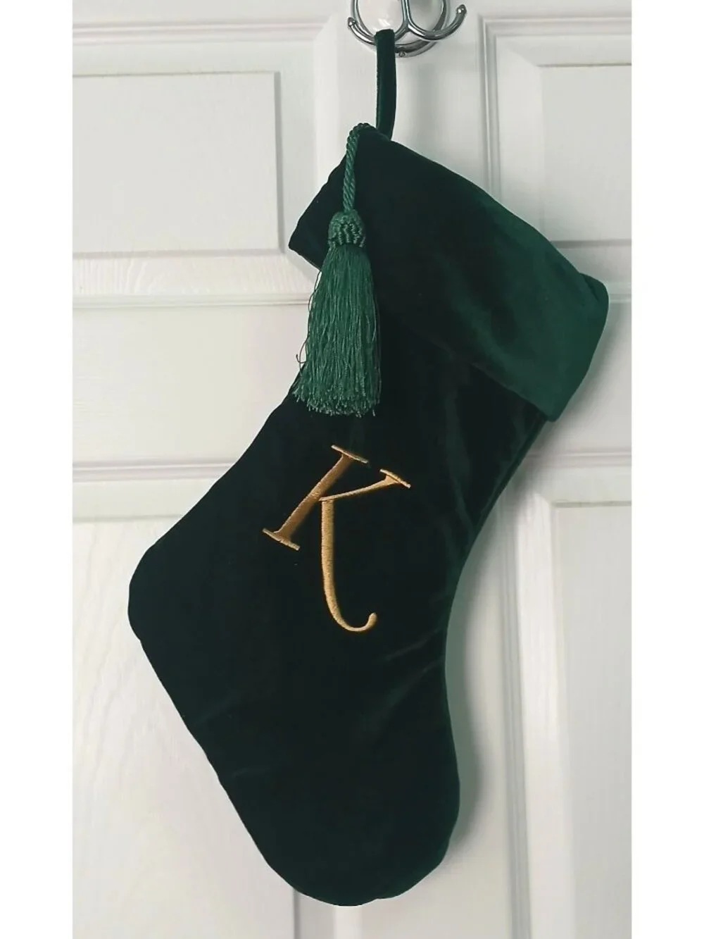 VTG Green Velvet Christmas Stocking Initial “K” Gold Embroidered Tassle #D-21